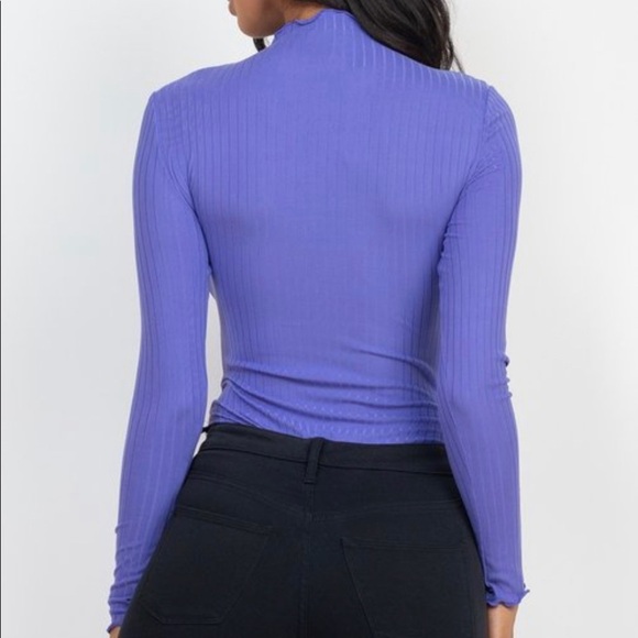 CHIVE BLOSSOM PURPLE RIBBED LONG SLEEVE MOCK NECK THONG BODYSUIT - Picture 5 of 6